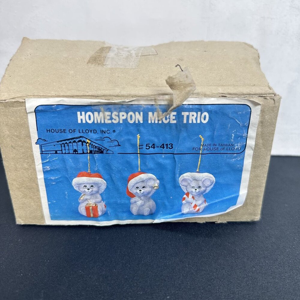 Vintage House Of Lloyd Homespun Mouse Trio Christmas Ornaments Set - Picture 6 of 7